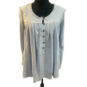 Free People Womens Blouse Size Extra Small Blue Solid Raw Edges Long Sleeves
